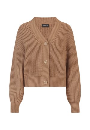 Struktureret, cropped cardigan i en lys brun farve. Har en V-hals, oversized ærmer og fire knapper foran.