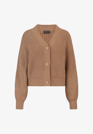 Texturierte, kürzere Strickjacke in einem hellbraunen Farbton. Sie verfügt über einen V-Ausschnitt, übergroße Ärmel und vier Knöpfe auf der Vorderseite.