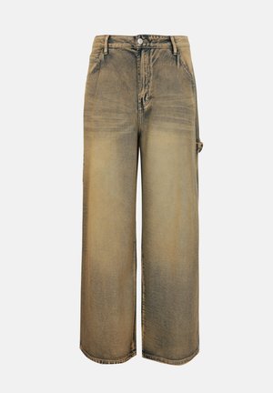 Wide-leg, high-waist brown faded denim jeans with front pockets, belt loops, button closure, and a side utility strap on white background.