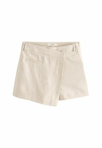 Beige pellavashortsit kietaisusuunnittelulla, joissa on kaksi etutaskua, siisti vyötärö ja sileä rakenne.