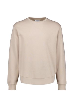 Beżowa bluza z okrągłym dekoltem, długimi rękawami, ściągaczami na mankietach i ściągaczem u dołu, prezentowana na jednolitym białym tle.