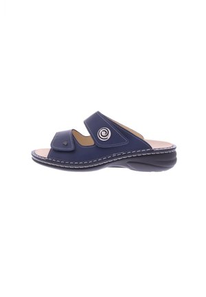 Blue leather sandals with two adjustable straps, stitched detailing on the sole, and a spiral design accent on one strap.
