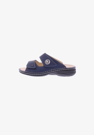 Blue leather sandals with two adjustable straps, stitched detailing on the sole, and a spiral design accent on one strap.