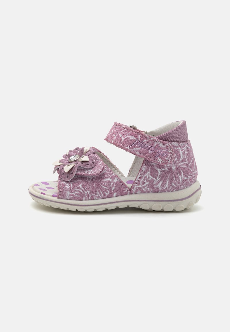 Rosa tekstil sandaler med blomstermønster, justerbar rem, lilla prikkede innersåle og lysfarget strukturert såle for grep.