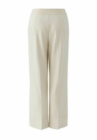 Beige wide-leg trousers with a smooth texture, featuring a flat waistband and no visible hardware or patterns. Clean, tailored silhouette.