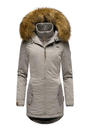 Grijze parka met een nepbont capuchon, ritssluiting, twee voorkeurs en ribgebreide manchetten. Glad, matte stof met een iets getailleerde silhoutte.