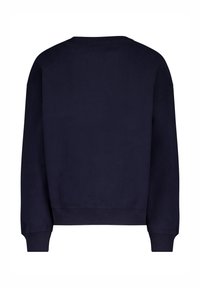 Navy blue sweatshirt with long sleeves, ribbed cuffs and hem, and a crew neckline. Smooth texture, plain design without patterns.