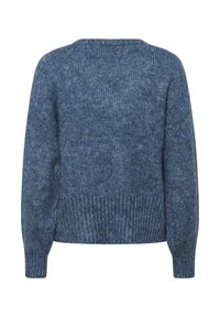 Maglione blu lavorato a maglia con una consistenza morbida, orlo a coste, maniche ampie e una vestibilità rilassata. La vista posteriore mostra un design senza cuciture e una leggera variazione di colore.