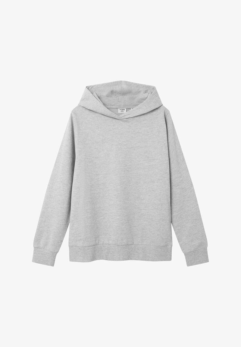 Sweatshirt à capuche gris clair en tissu doux. Présente une coupe décontractée, des poignets côtelés et un design simple, sans embellissement.