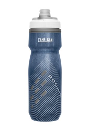 CamelBak Podium water bottle in dark blue. Features a textured grip and a streamlined design with a silvery diagonal pattern.