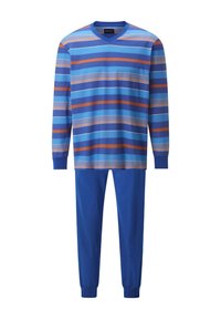 Blue striped long-sleeve top with v-neck and contrasting brown stripes, paired with solid blue, elastic-waist pants. Soft fabric, relaxed fit.