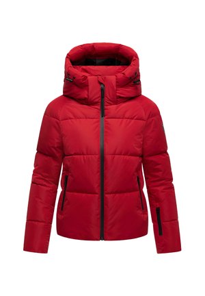 Giacca imbottita rossa con colletto alto e cappuccio regolabile, fronte con zip e due tasche laterali con zip. Presenta dettagli neri sulle zip.