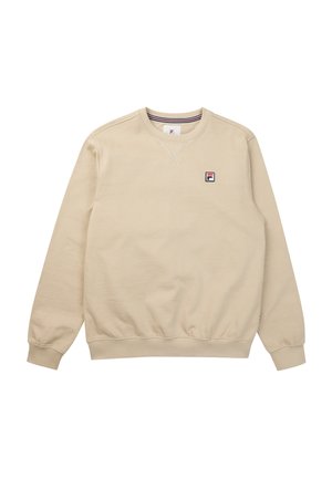 Beige Sweatshirt mit langen Ärmeln und Rundhalsausschnitt, mit gerippten Bündchen und Saum, versehen mit einem kleinen rot-weiß-schwarzen Logo-Patch auf der linken Brust.