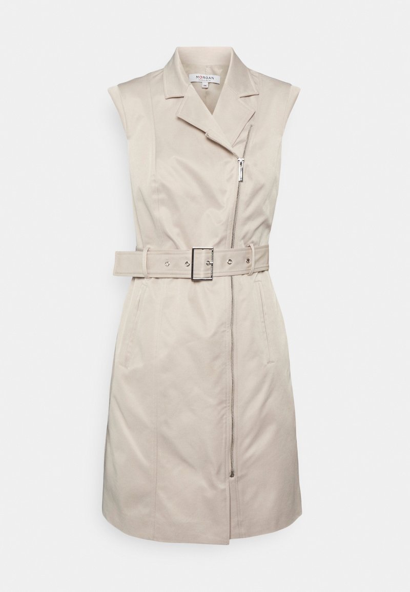 Beige ærmeløs kjole med lynlås foran, belagt talje og to sidelommer; glat stof, skræddersyet design og struktureret krave.
