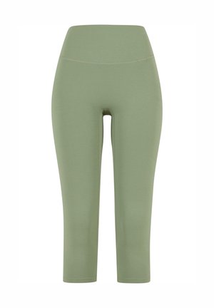Gröna, elastiska, korta leggings med hög midja och platta sömmar. Slät textur och åtsittande form, lämpliga för träning.