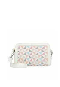 Billetera blanca con un patrón geométrico de triángulos en colores pastel, con una correa desmontable y textura suave. Diseño de cierre superior.