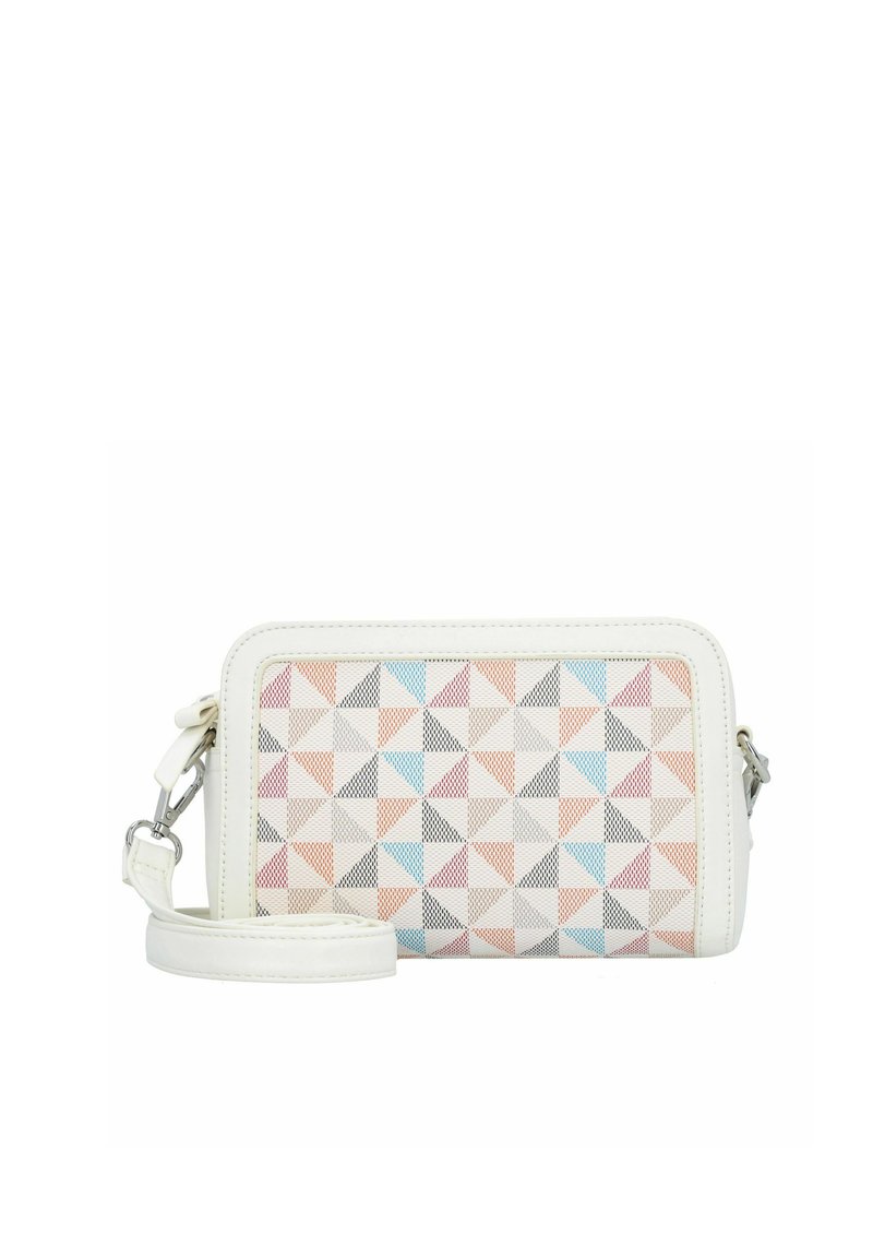 Billetera blanca con un patrón geométrico de triángulos en colores pastel, con una correa desmontable y textura suave. Diseño de cierre superior.