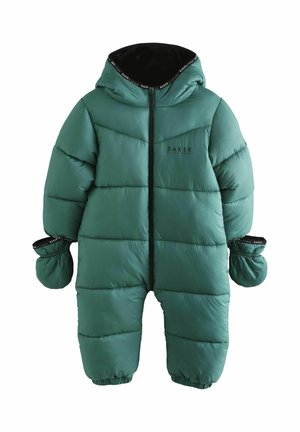 Grüner Puffer-Schneeanzug mit Kapuze, Reißverschluss, gerippten Bündchen und abnehmbaren Fäustlingen. Gestepptes Design und Detail mit "BAKER"-Logo auf der Brust.