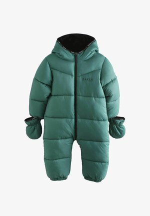 Tuta invernale verde con cappuccio, chiusura con zip, polsini a costine e muffole removibili. Design trapuntato e dettaglio con logo "BAKER" sul petto.