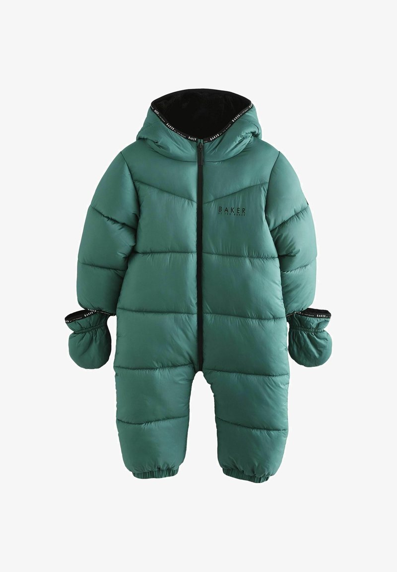 Green puffer snowsuit featuring a hood, zip closure, ribbed cuffs, and detachable mittens. Quilted design and “BAKER” logo detail on chest.