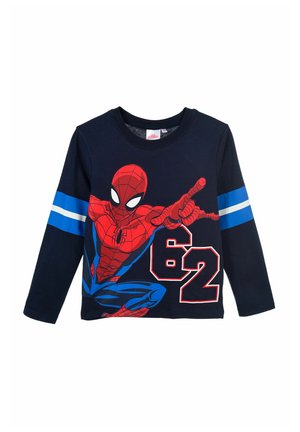 Navy long-sleeve shirt with blue and white arm stripes, featuring Spider-Man in red and blue suit shooting webs and number 62 in red outline.