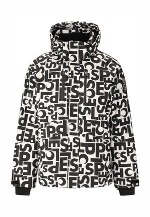 Schwarz-weiße Jacke mit einem auffälligen Textmuster. Sie hat eine Kapuze, einen frontalen Reißverschluss und zwei Reißverschlusstaschen. Hergestellt aus wasserabweisendem Material.