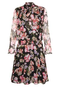 Kwiatowa sukienka z długimi przezroczystymi rękawami, wiązanym dekoltem i elastycznym pasem. Posiada czarne tło z różowymi i fioletowymi kwiatami oraz zielonymi liśćmi.