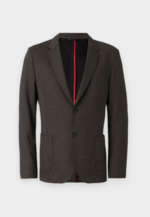 Dark grey blazer made of textured fabric with a slim fit, featuring two front pockets, two black buttons, and a red inner lining.
