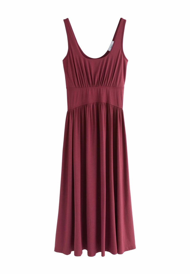 Bordeauxfarbenes ärmelloses Kleid mit rundem Ausschnitt, gerafftem Oberteil und einem fließenden, knielangen Rock aus weichem, leichtem Stoff.