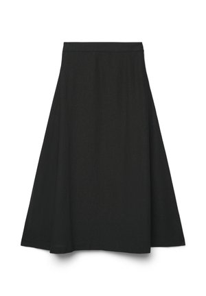 Gonna nera a linea A con cinturino aderente, che si allarga delicatamente verso l'orlo, mostrata distesa su uno sfondo bianco.