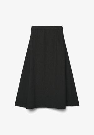 Gonna nera a linea A con cinturino aderente, che si allarga delicatamente verso l'orlo, mostrata distesa su uno sfondo bianco.