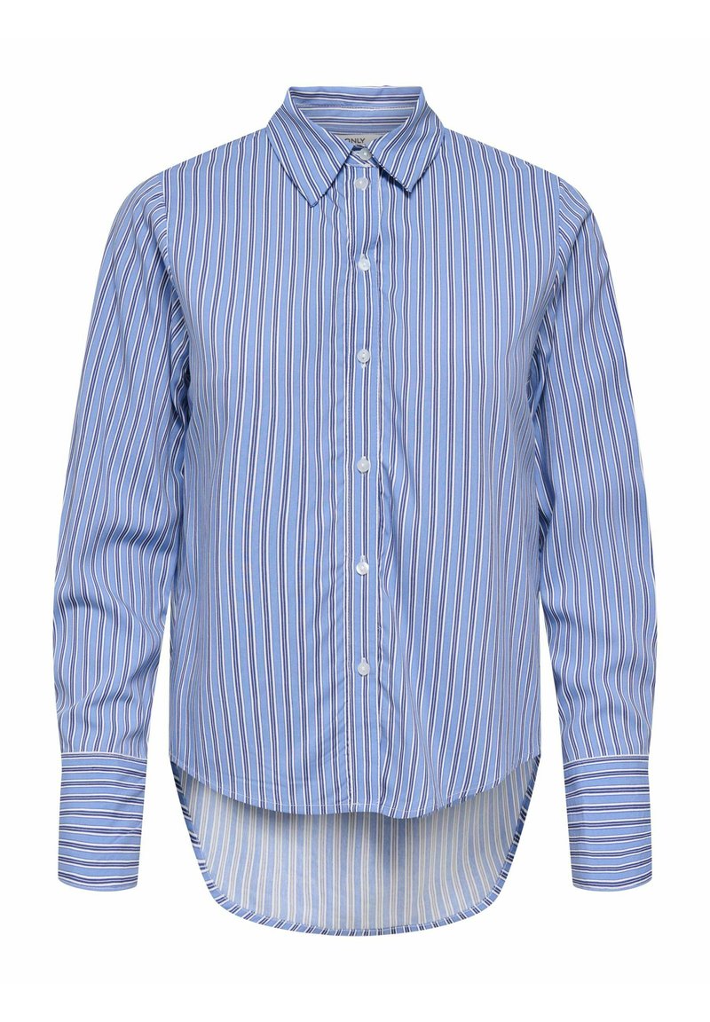 Chemise bleue à manches longues avec rayures verticales blanches et bleu marine, boutons sur le devant, col pointu et ourlet arrondi plus long à l'arrière.