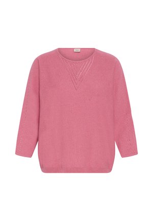 Rožinis megztinis su ilgomis rankovėmis, apvaliu kaklu ir perforuotu trikampio formos raštu ant krūtinės ir rankovių, megztas audinys.