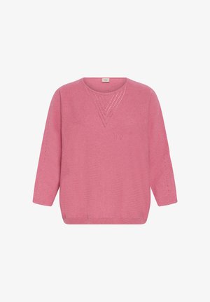 Roosa pika varrukaga kampsun ümmarguse kaelusega ja perforatsiooniga kolmnurkse mustriga rinnal ja varrukatel, kootud kangast.