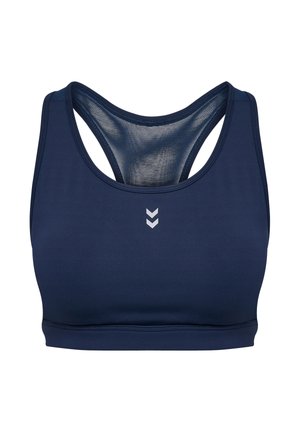 Marineblauer Sport-BH aus glattem Stoff mit überkreuztem Rückendesign und kontrastierendem hellgrauem Logo. Bietet eine enge Passform und unterstützende Struktur.