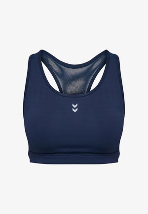 Donkerblauwe sportbeha met een gladde stof, een kruisrugontwerp en een contrasterend lichtgrijs logo. Heeft een nauwsluitende pasvorm en ondersteunende structuur.