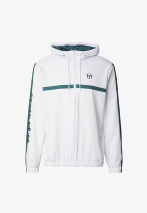 Veste à capuche blanche avec fermeture éclair, rayures horizontales vertes sur la poitrine et les manches, poignets élastiques, et logo noir sur le côté gauche de la poitrine.