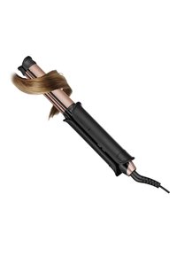 Lockenstab mit schwarzem Kunststoffgehäuse, rosegoldenem Heizmantel und einer Klammer zum Fixieren der Haare. Elektrisches Kabel zur Stromversorgung angeschlossen.