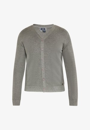 Hallige hall kudum, millel on V-kaelus, pikad varrukad ja nööpidega esikülg, kus on lillad nööbid. Valmistatud pehmest ja tekstuurilisest materjalist.