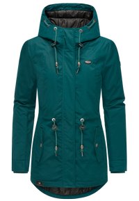 Veste imperméable teal avec capuche, cordons de serrage, deux poches avant et un intérieur noir, avec des accents en métal argenté.