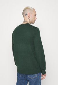 Groene gebreide trui met een ronde halslijn, voorzien van een geribde zoom en manchetten. De stof lijkt zacht en heeft een iets losse pasvorm.