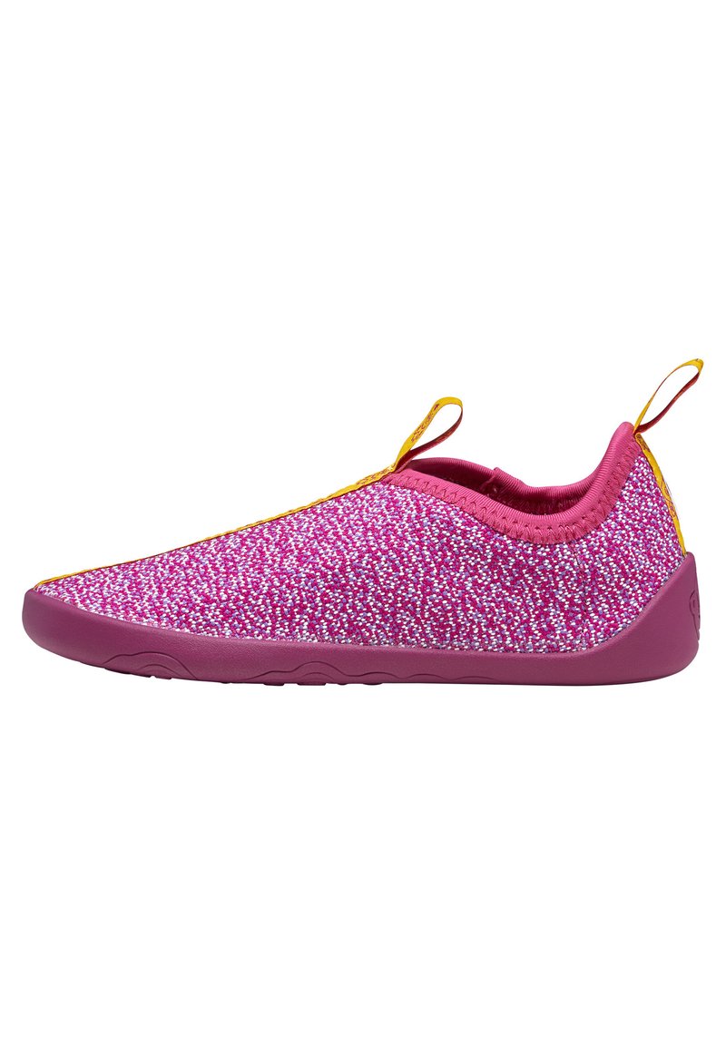 Pink textured slip-on shoe with a patterned knit upper, rounded toe, and solid pink rubber sole. Features a yellow pull tab for easy wear.