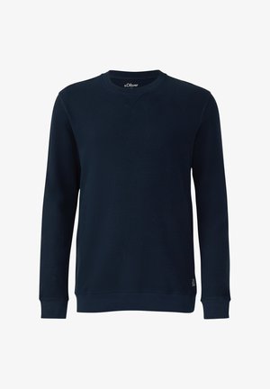 Marineblaues Sweatshirt mit Rundhalsausschnitt und langen Ärmeln, gerippte Bündchen und Saum, kleines Logetikett nahe am unteren Saum.