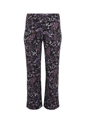 Zwarte gestreepte broek met een bloemenontwerp in paars en wit. Beschikt over een elastische tailleband en een rechte pijp.