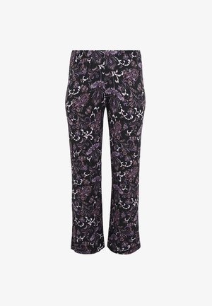 Schwarze gemusterte Hose mit einem floralen Design in Lila und Weiß. Verfügt über einen elastischen Bund und einen geraden Schnitt.