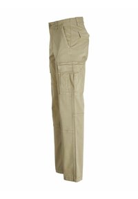 Pantalons cargo khaki avec plusieurs poches, passants de ceinture et détails cousus présentés de côté sur un fond blanc.