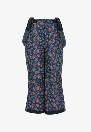 Blaue Blumen-Schneehose mit verstellbaren Trägern, kombiniert mit einem schwarzen Langarmshirt und rosafarbenen Schuhen. Glatter Stoff, gepolstert für Wärme.