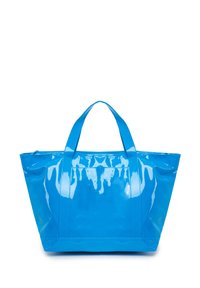 Borsa a tote blu lucida con due manici resistenti, forma rettangolare e texture liscia. Chiusura a zip nella parte superiore con cuciture visibili.
