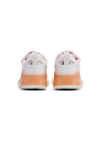 White athletic shoes with pink accents and a translucent orange sole, featuring a textured finish and rear pull tab for easy wear.