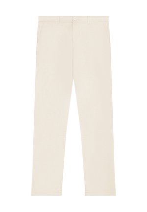 Pantalon beige slim-fit avec passants de ceinture, fermeture avant à bouton et zip, et poches latérales, présenté sur un fond blanc.